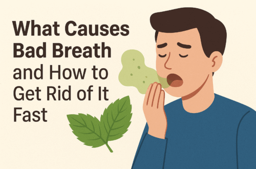 lat-style illustration showing a man covering his mouth as green odor waves emerge, with a mint leaf symbol beside him and the blog title “What Causes Bad Breath and How to Get Rid of It Fast” on the left.