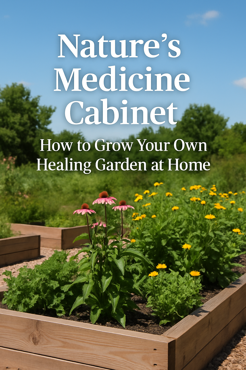 "A beautiful backyard medicinal herb garden with fresh lavender, peppermint, and aloe plants growing in the USA