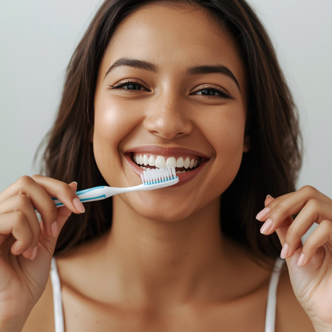 A close-up of a person with a bright, genuine smile, holding a toothbrush and toothpaste. The background is softly blurred to focus on the person, conveying a sense of personal wellness and confidence.