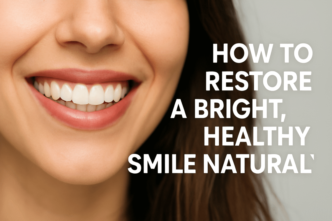 Close-up of a smiling woman with bright white teeth, promoting natural ways to restore a healthy smile.